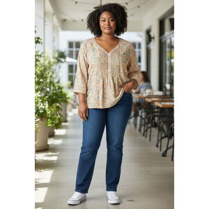 5178) Davina Women Floral Pastel Cottagecore Pintuck V Neck Blouse  Plus 2X